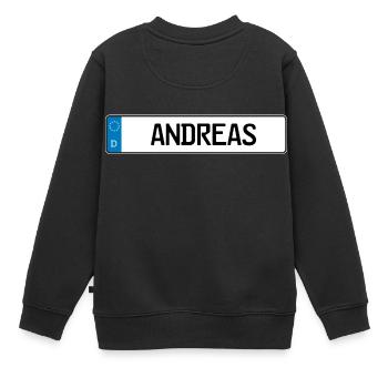 cadeau plaque Andreas - Sweat Premium enfant bio - noir - Dos - AI Model Kid Female (0cm)
