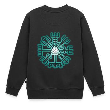 Symbole nordique Viking Valknut & Vegvisir vert - Sweat Premium enfant bio - noir - Dos - AI Model Kid Female (0cm)