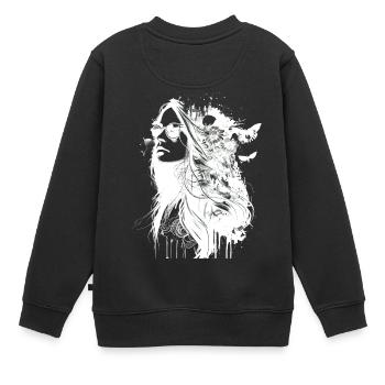 Portrait hippie noir et blanc Femme avec des fleurs - Sweat Premium enfant bio - noir - Dos - AI Model Kid Female (0cm)
