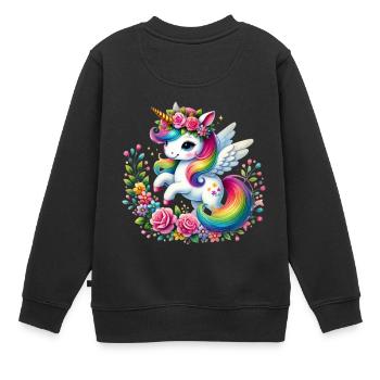 Regenbogen Fleur Einhorn - Kinder Premium Organic Sweatshirt - Schwarz - Hinten - AI Model Kid Female (0cm)