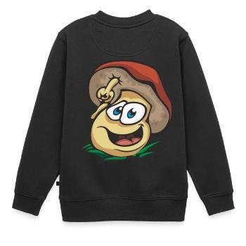 Cooler Pilz große Augen Zeigefinger Aufpassen Gras - Kinder Premium Organic Sweatshirt - Schwarz - Hinten - AI Model Kid Female (0cm)