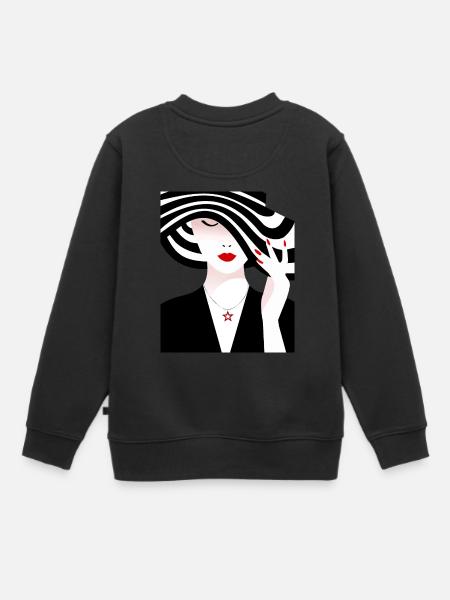 Femme au chapeau rayé noir et blanc - Sweat Premium enfant bio - noir