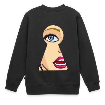 Frau schaut durch Schlüsselloch, Comic Pop Art - Kinder Premium Organic Sweatshirt - Schwarz - Hinten - AI Model Kid Female (0cm)