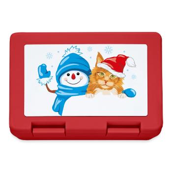 Peeking waving snowman and cute ginger cat - Lunchbox - red - Front