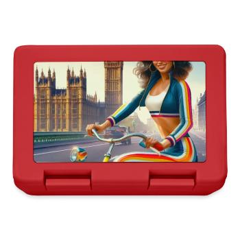 Retro Girl on a Bicycle par Big Ben à Londres - Boîte à goûter - rouge - Devant