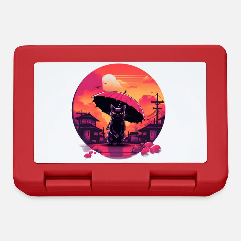Synthwave japan Cat with umbrella - Lunchbox - red