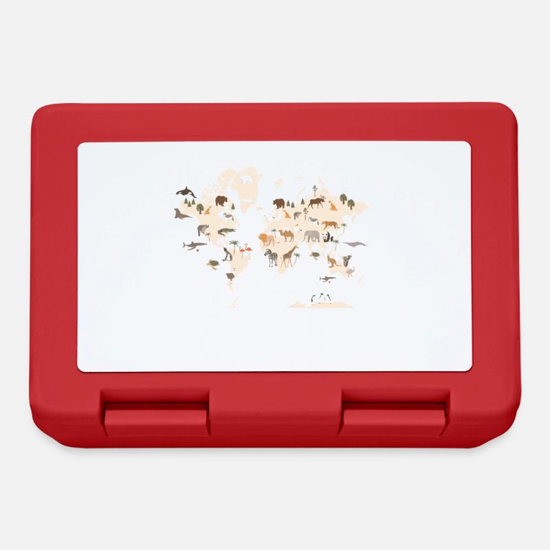 Weltkarte mit Tieren - World Map With Animals - Brotdose - Rot