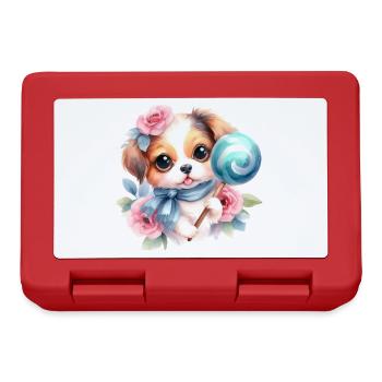 Niedlicher baby Hund mit Blumen und einem Lolli - Brotdose - Rot - Vorne