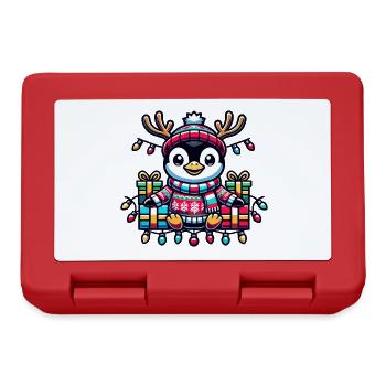 Pingouin joyeux avec des guirlandes lumineuses et des cadeaux - Boîte à goûter - rouge - Devant