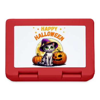 Halloween Katze Hexenhut Kürbis Sterne Niedlich - Brotdose - Rot - Vorne