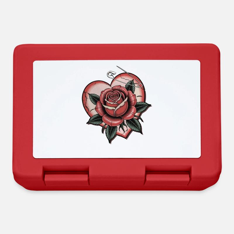 Herz mit Rose mit Sicherheitsnadel, Liebe, Tattoo - Brotdose - Rot