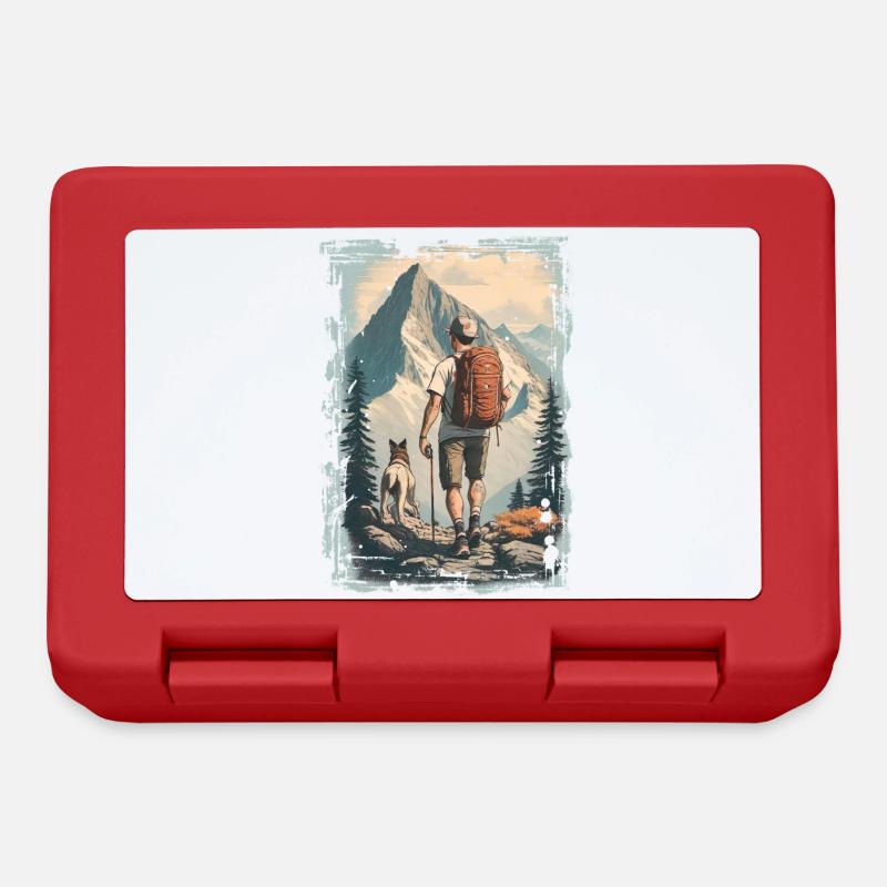 Wanderer in den Bergen mit Hund | Illustration - Brotdose - Rot