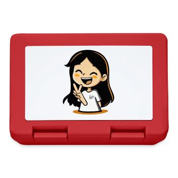 Cheerful cartoon girl with peace sign - Lunchbox - red - Front