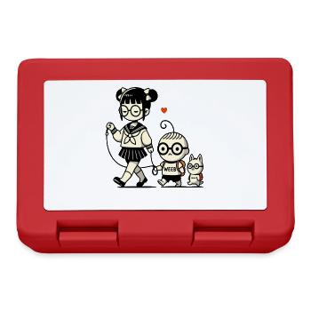 japanese schoolgirl, little brotherwith dog - Lunchbox - red - Front