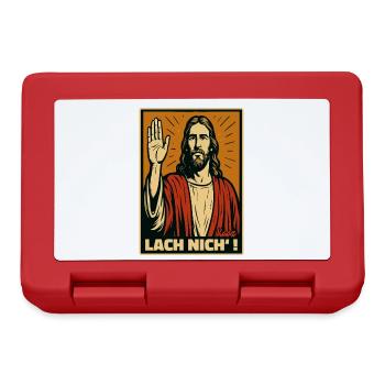 Jesus mit erhobener Hand und Spruch „Lach nich’!“ - Brotdose - Rot - Vorne