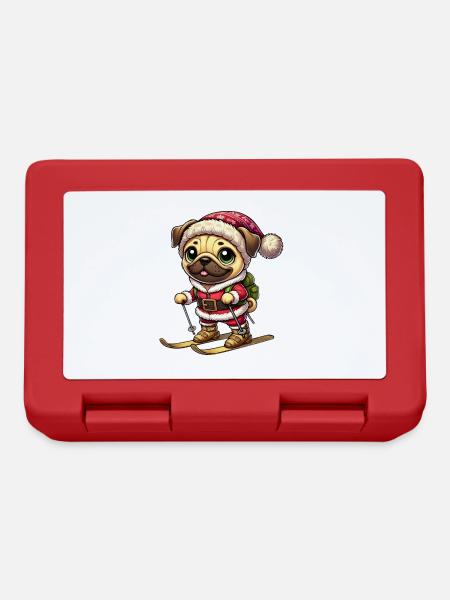 Mops auf Skiern Winter Spaß Weihnachten - Brotdose - Rot