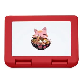 Anime Manga Kawaii Cat Eats Ramen Noodles - Lunchbox - red - Front