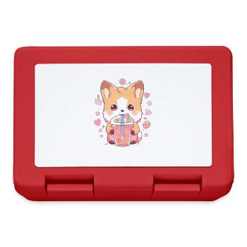 Kawaii Corgi Dog Drinks Boba Bubble Tea Chibi - Lunchbox - red - Front