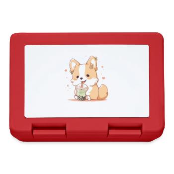 Kawaii Corgi Dog Drinks Boba Bubble Tea Chibi - Lunchbox - red - Front