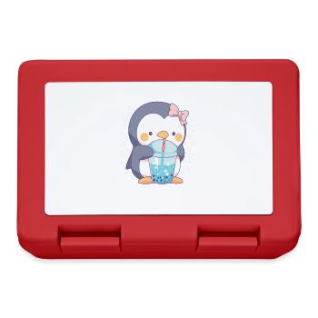 Kawaii Penguin Drinks Boba Bubble Tea Chibi - Lunchbox - red - Front