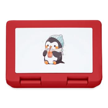 Kawaii Penguin Drinks Boba Bubble Tea Chibi - Lunchbox - red - Front