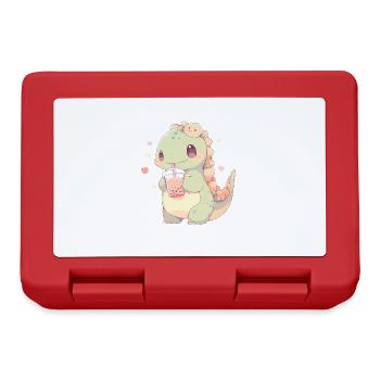Kawaii Dinosaur Drinks Boba Bubble Tea Chibi - Lunchbox - red - Front