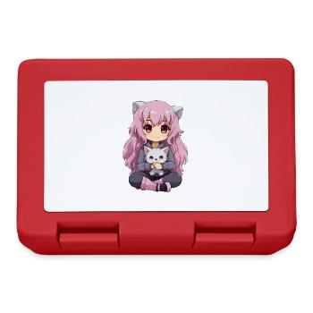Kawaii Girl Anime Manga Girl and Cat - Lunchbox - red - Front