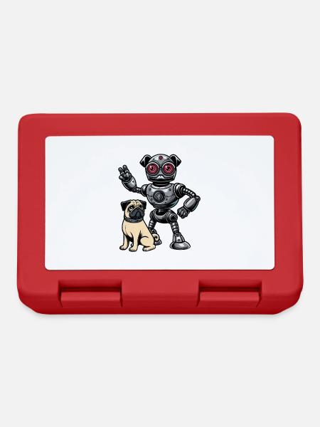 Mops Roboter und Herrchen Freunde - Brotdose - Rot