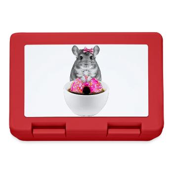 Lustiger Hamster mit rosa Donuts und Schleife - Brotdose - Rot - Vorne
