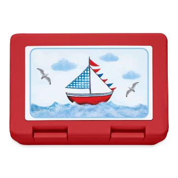 Blue sailboat on the sea - hand painted - Lunchbox - red - Front