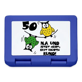 50 Birthday, Owl on the wire rope, round - Lunchbox - royal blue - Front