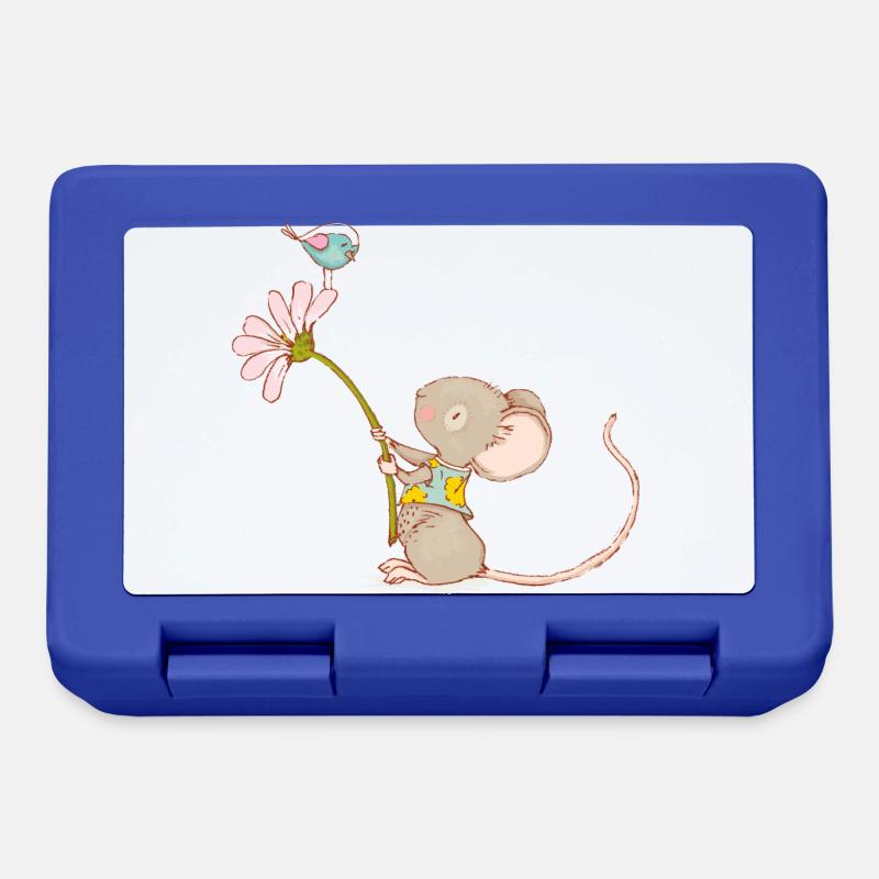 Maus mit Blume und Vogel - Brotdose - Royalblau