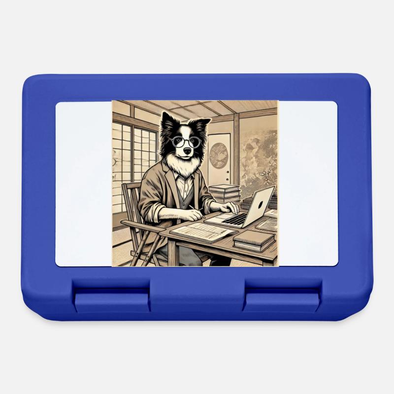Border Collie at the Desk - Ukiyo-e Style - Lunchbox - royal blue