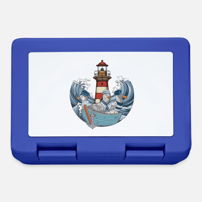 Möwen Boot Schifffahrt Leuchtturm Wellen Meer - Brotdose - Royalblau