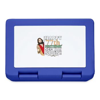 Happy 77th Birthday See You Soon Funny Jesus Meme - Lunchbox - royal blue - Front