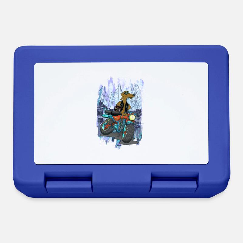 Daxhond and his motorcycle with background - Lunchbox - royal blue