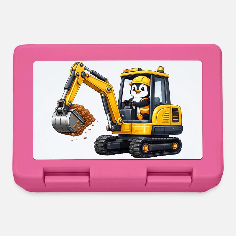 Cute Penguin Excavator Driver Construction Worker Cartoon - Lunchbox - pink