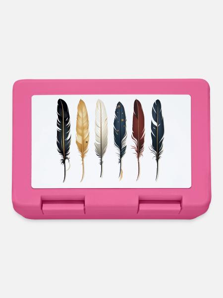 6 einzelne Federn nebeneinander, Indianer, Muster - Brotdose - Pink