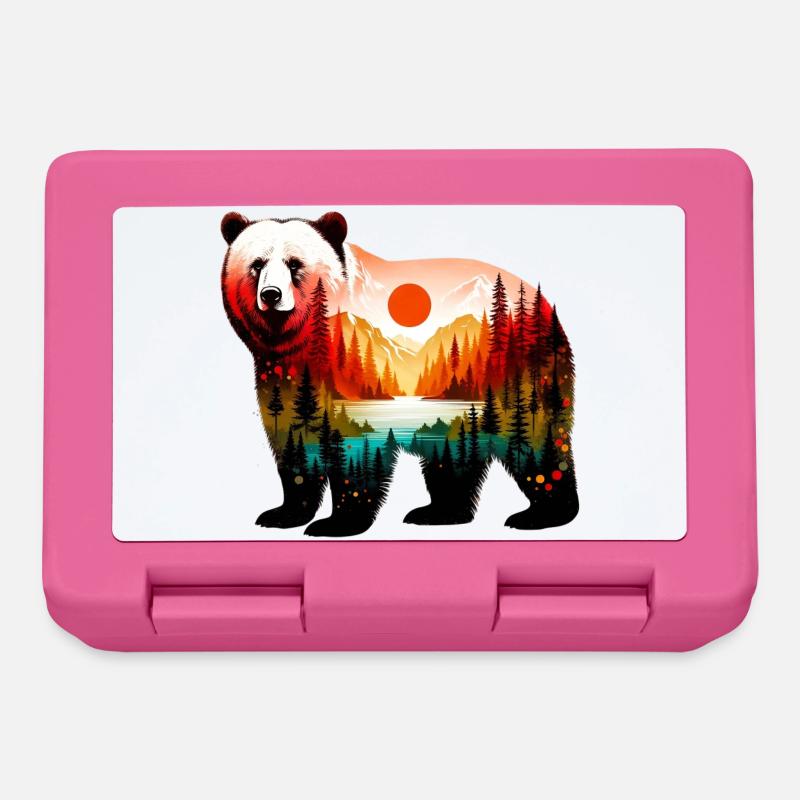 Decorated bear painted with forest landscape - Lunchbox - pink