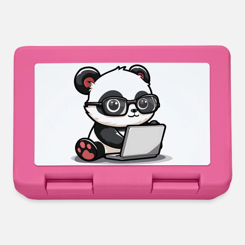 Panda Dessin animé travaillant sur un ordinateur portable avec des lunettes - Boîte à goûter - rose