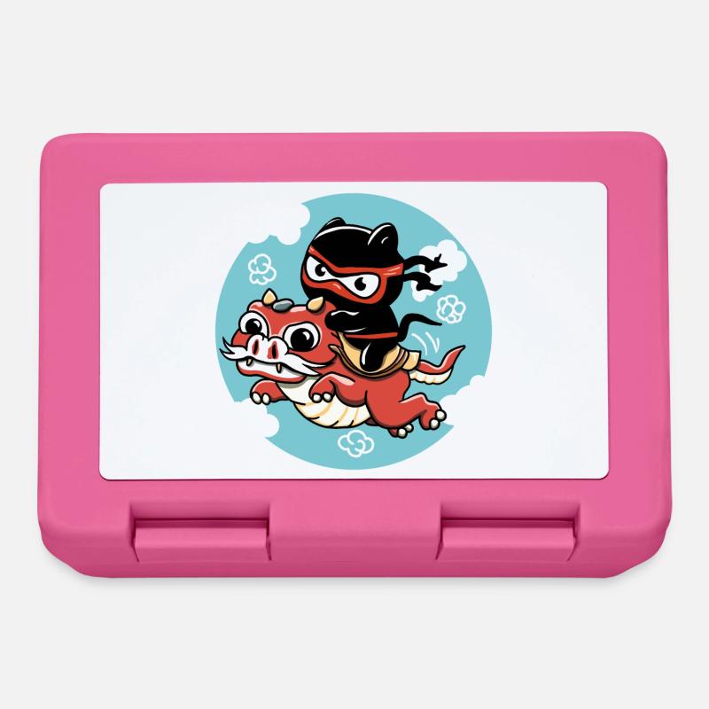 Kawaii Ninja cat riding a red dragon - Lunchbox - pink