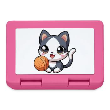 Schwarz-weißes Kawaii-Kätzchen mit Strang - Brotdose - Pink - Vorne