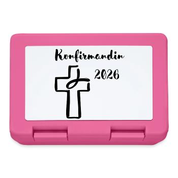 Konfirmandin 2026 Konfirmation Kreuz und Fisch - Brotdose - Pink - Vorne