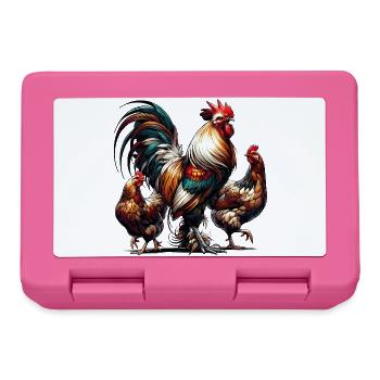 Magnificent colorful rooster with two hens in the yard - Lunchbox - pink - Front