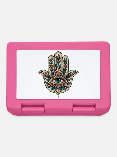 Blaue Blumen-Hamsa-Zentralauge, Hand von Fatima - Brotdose - Pink