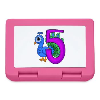 5 Jahre alt - 5. Geburtstag - Pfau Vogel Motiv - Brotdose - Pink - Vorne