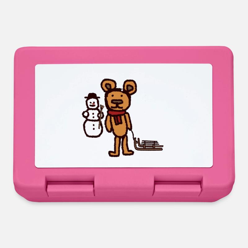 Teddybär Winterurlaub Schnee Schlitten Schneemann - Brotdose - Pink