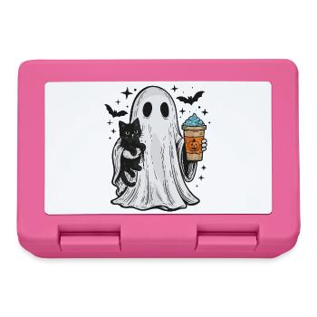 Halloween-Geist mit Katze und Kaffee - Brotdose - Pink - Vorne
