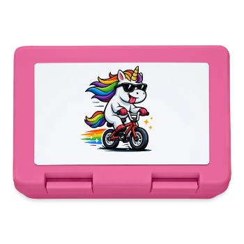 Cooles Einhorn auf Fahrrad – Lustiges Regenbogen  - Brotdose - Pink - Vorne