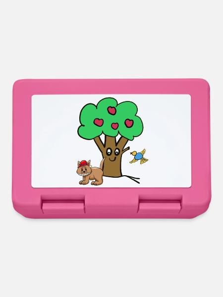 Apple Tree Cat Bird Kids Garden Nature - Lunchbox - pink